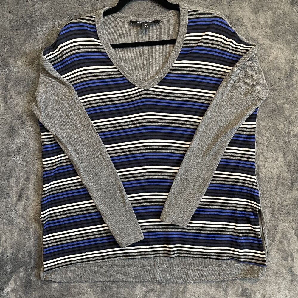 Fifteen Twenty Sweater Blue Black Grey Ivory Stripe Crewneck Women’s XS